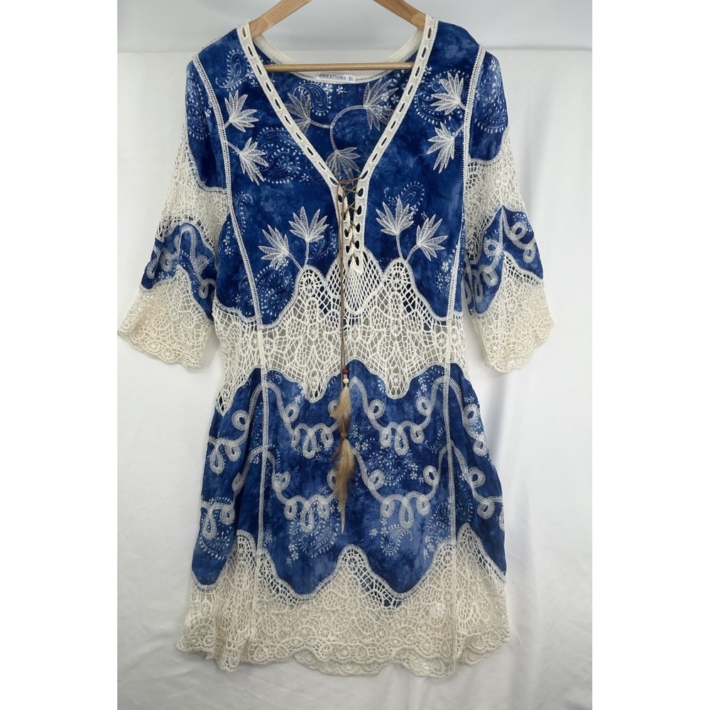 Creations Women's Blue Beach Coverup Tunic Pullover Embroidered One Size Boho